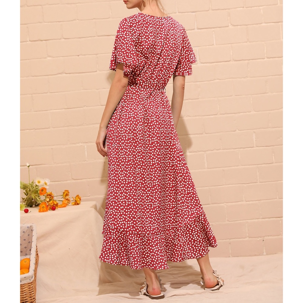 Red Ditsy Floral Summer Ruffle Wrap Maxi Dress - Picture 2 of 6